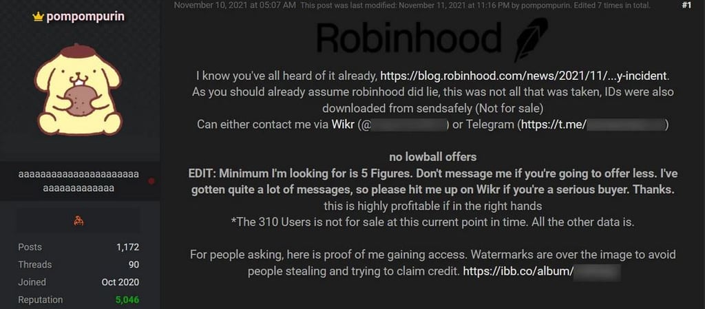 Robinhood data - hacker forum post